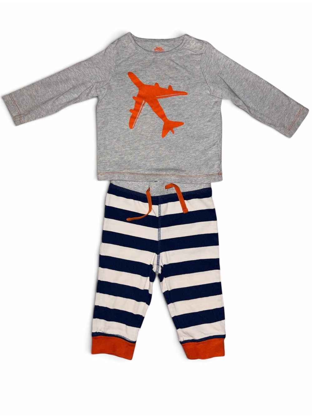 Boden Grey Top with Orange Plane & Navy Stripe pant Set